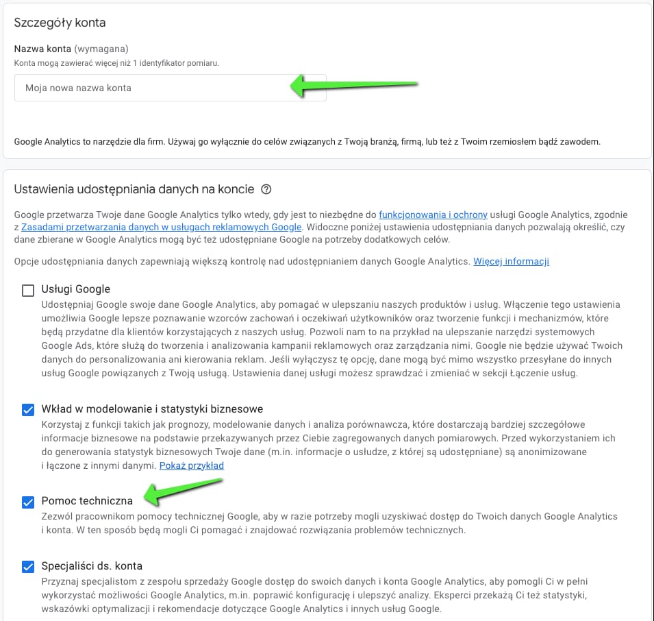 Dane konta Google Analytics