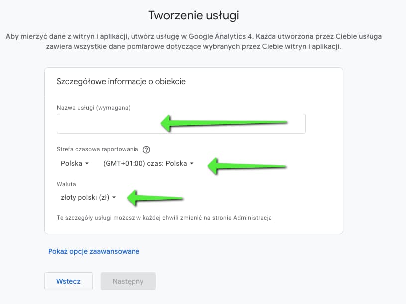 Ustawienia usługi Google Analytics 4